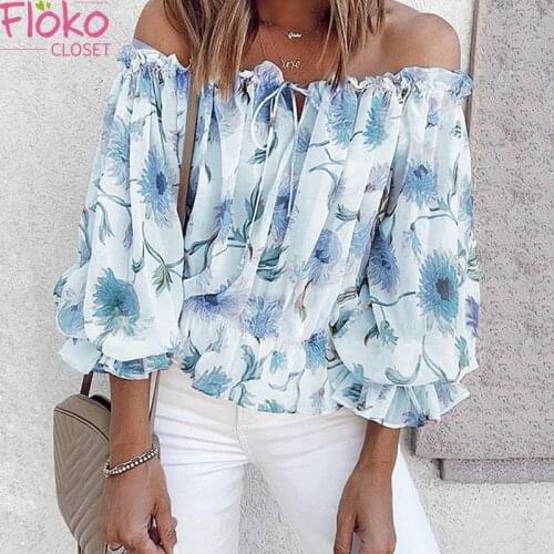 Flokocloset Sexy Off The Shoulder Floral Print Lace Up Chiffon Blouse Autumn Slash Neck Butterfly Sleeve Shirts Womens Tops