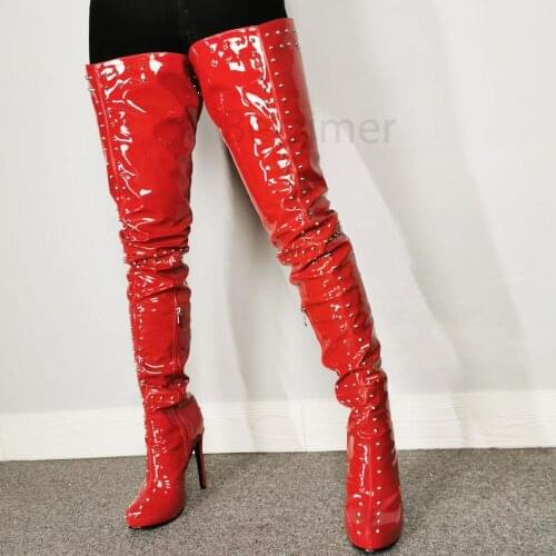 BERZIMER Women Thigh High Platform Boots Shiny Patent Heels Over Knee Boots Zapatos Mujer Studs Shoes Woman Large Size 39 47 52