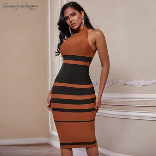 Womens Round Neck Bodycon Bandage Midi Dress 2021 New Summer Sleeveless Striped Patchwork Celebrity Runway Party Dress Vestidos