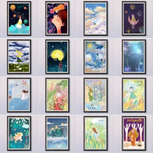 1-2 Simple Aesthetic Dream Childrens Indoor Art Decoration Illustration Animal Landscape Multicolour Wall Silk HD Poster Gift
