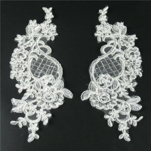 1 Pair White Floral Motif Lace Trims Dress Wedding DIY Sewing Craft Appliques