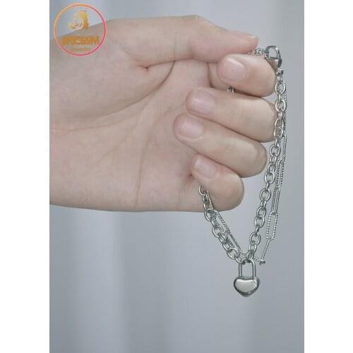 Akizoom Heart-Shaped Lock Double-Layer Bracelet Stainless Steel Color for Women Korean Charm Unisex Birthday Party Jewelry Gift