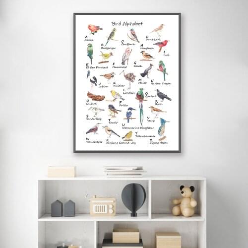 Watercolor Flowers Bird Alphabet Art Prints ABC English Letter Educational Poster Nursery Wall Canvas Painting Kids Room Decor