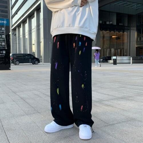 Black/White Male Korean Loose Harem Pants Autumn Straight Casual Graffiti Sweatpants Streetwear Hip Hop Ankle Banded Pants