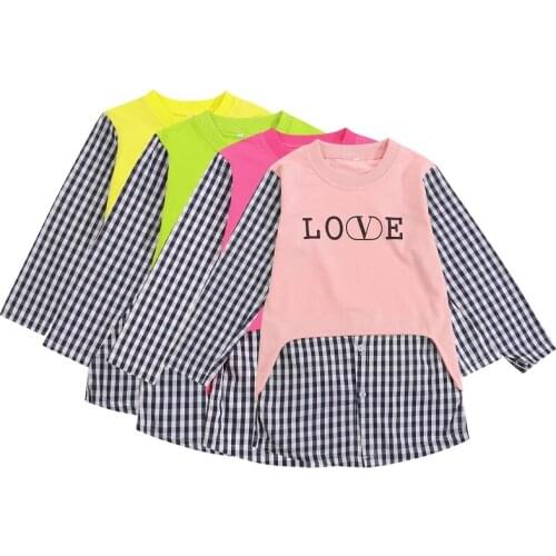 2021 Autumn Kids Girls Long Sleeve Turn O-neck Collar Letter Print Plaid Patchwork Long Shirt Blouses Children Clothes 4-9Y