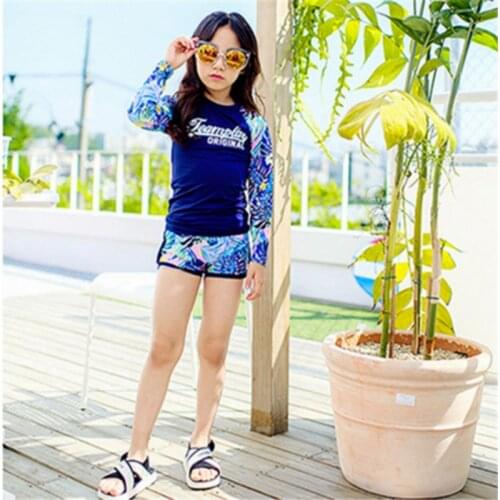 2-13 Y Girls Rash Guard Children Two Pieces Swimwear with Blue Flower Kids Surfing Suit Long Sleeve Teen Swimming Pool Wear