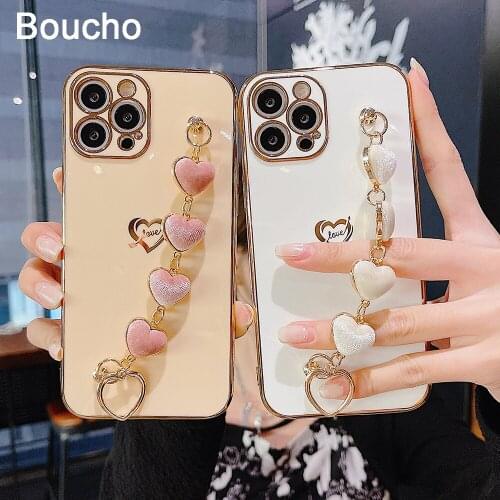 Flannel Heart Bracelet Phone Case for iPhone 12 Mini 12Pro Max Luxury Plated Gold Case for iPhone 11 Pro XS Max 8 7 Plus XR X SE