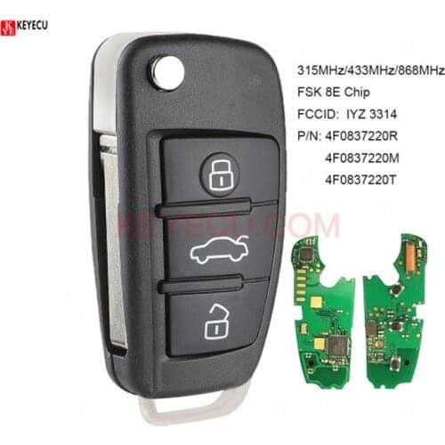 KEYECU Remote Car Key Fob Control FSK 315MHz/434MHz/868MHz 8E Chip for Audi A6 S6 Q7 2004-2015 FCCID: IYZ 3314 P/N: 4F0837220R