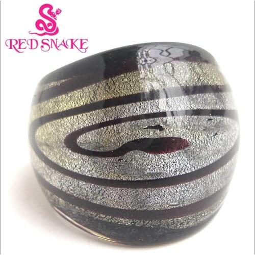 RED SNAKE Fashion Ring Handmade silver color foil with Black Cosmic Nebula line Murano Glass Rings