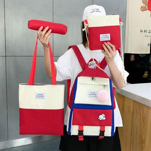 4 Pcs Set Women Backpack Harajuku School Bags Fo School Backapck Light Schoolbag Canvas Teen Girl Book Bags for Lady Backpacks