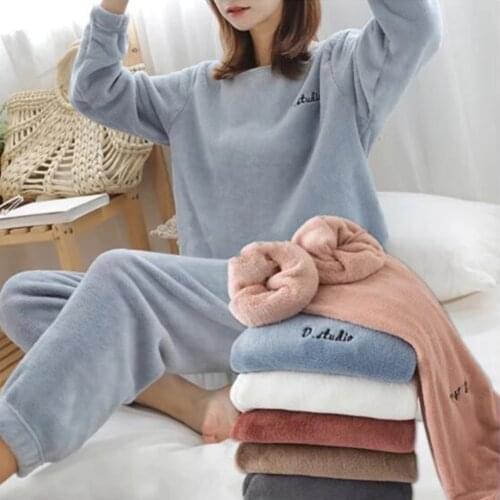 Set Tops + Pants Flannel Pajama Set Womens Fleece Pajamas Sleepwear Homewear Thick Warm Velvet Female Suit Fall Sweatshirt