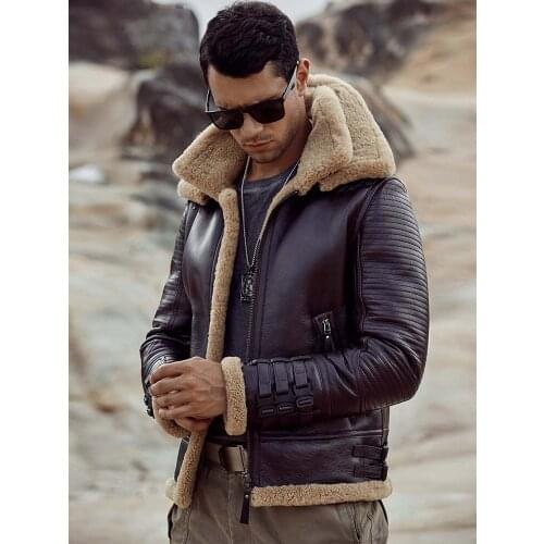 New Shearling Coat Mens B3 Bomber Jacket Short Fur Coat Brown Leather Jacket Motorcycle Jacket Natural Sheepskin Coat