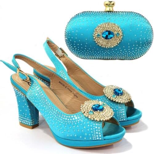2021 Hot Selling African Shoe and Bag set for party Italian design Ladies Shoe with matching Bag Set in Sky Blue Color
