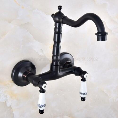 Oil Rubbed Bronze Dual Handles Bathroom Kitchen Sink Faucets Wall Mounted Swivel Spout Two Holes Kitchen Mixer Taps znf833