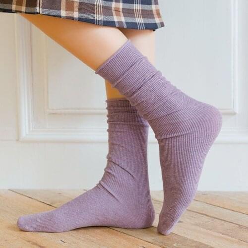CA067 Solid Crimping Middle Tube Socks Breathable Cotton Short Sock Women Durable All-match Socks Intimates