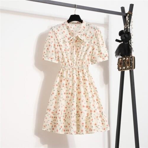 Summer Dress Womens Chiffon Floral Print Elastic Waist Dresses Femme Robe Short Sleeve Ruffle Stitching Dress For Women Vestido