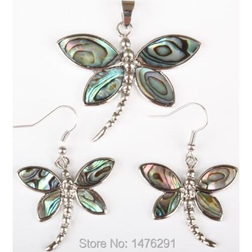 Charm Abalone Shell Dragonfly Beads Alloy Pendant & Earring 1 SET