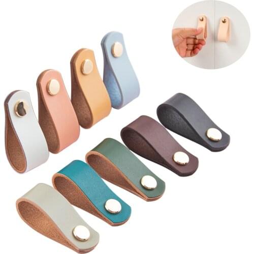 Anti-collision Cowhide Wardrobe Drawer Door Pull Genuine Leather Furniture Handle Northern European-Style Cabinet Handles Knobs