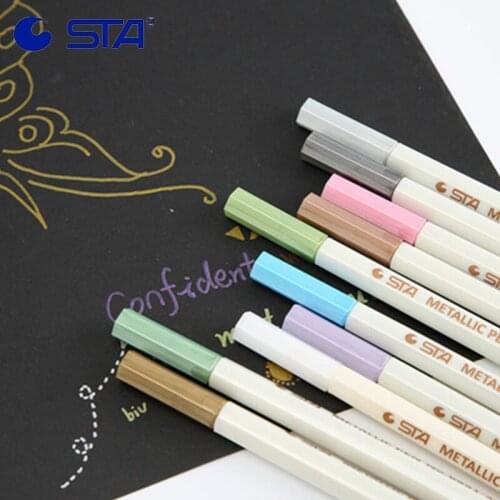 STA Metallic Micron Color Pen Detailed Marking Hard/Soft Head For Travel Diary Black Paper Drawing Supplies Color Paint Pen 6551