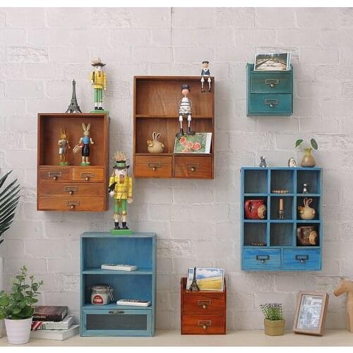 Vintage Wooden Storage Rack Container Home Decoration Ornament Sundries Organizer With Drawer Wall Hanging Storage Shelf Crafts