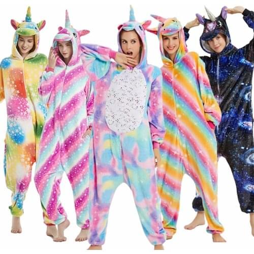 Adults Animal Unicorn Pajamas Women Men Winter Flannel Cartoon Rainbow Star Unicorn Husky Fox Halloween Hooded Pajamas