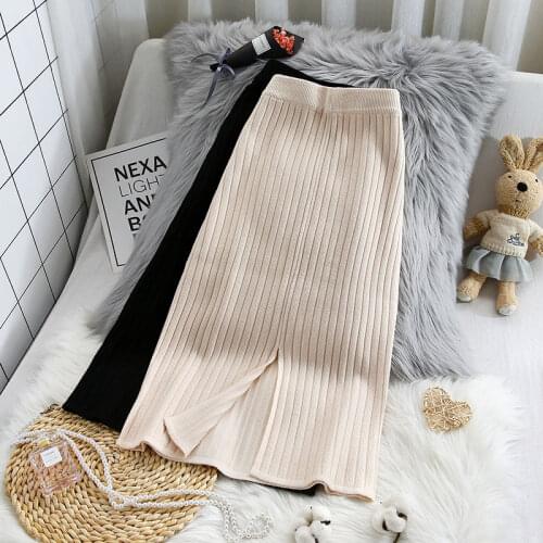Knitting Knee-Length Women Skirts High Waist Solid A-Line Slim Elastic Office Lady Elegant Clothing