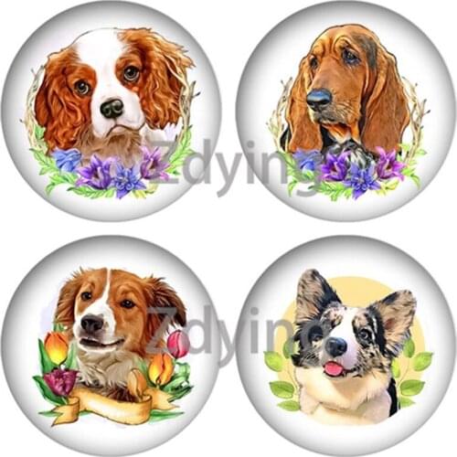 Zdying Cute Love Pet Flower Dogs Round Glass Cabochon 12mm/16mm/18mm/20mm/25mm Glass Photo Dome Flat Back DIY Making Findings