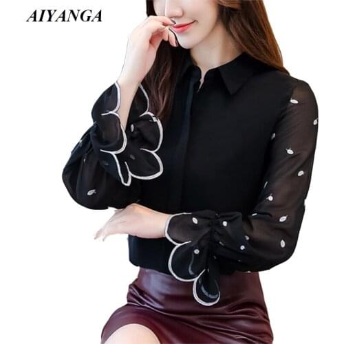 New Fashion Chiffon Shirts Women 2019 Spring Blouses Female Flare Sleeve Elegant Office Lady Black Blouse Turn-down Collar