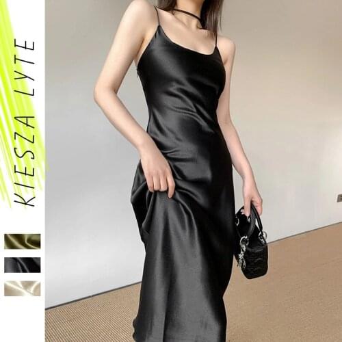 Women Dresses Summer 2021 Shiny Satin Spaghetti Strap Green Champagne Black Sexy Elegant French Dress Vestidos De Mujer