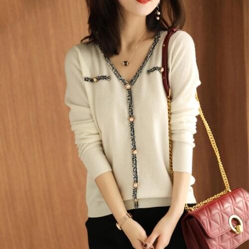 Beading Womens Cardigan With Buttons Spring Autumn Korean Style Solid Long Sleeve Ladies Thin Sweater Knitted Female Coat