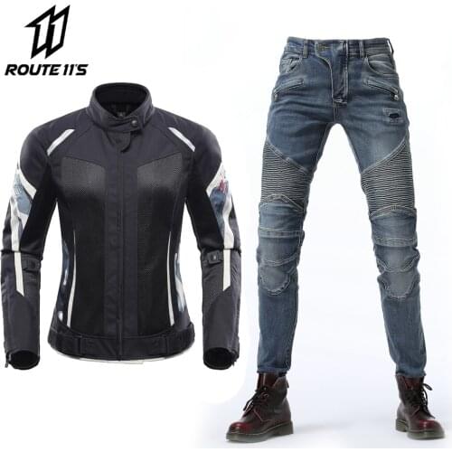 Women Motorcycle jeans + Motorcycle Jacket Set With protective gear Motorbike Jacket Jaqueta Moto Motoqueiro Jackets Anti-fall