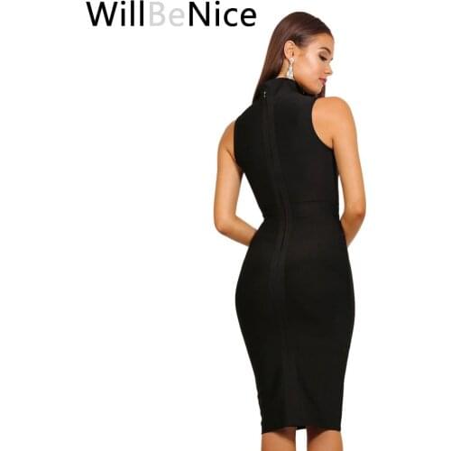 WillBeNice Black High Neck Knee Length Sleeveless Tank New Fashion 2019 Sexy Women Club Bandage Dress Bodycon Dress Women Casual