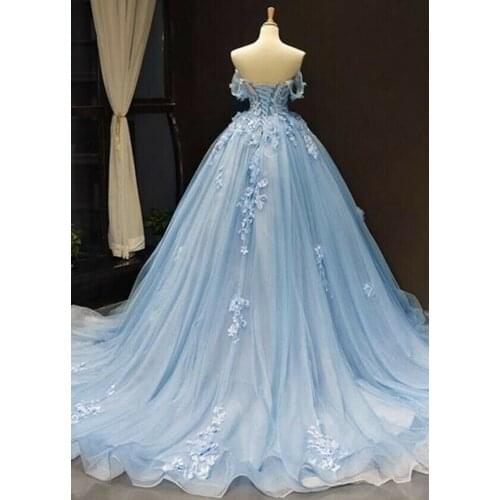 Elegant Sweetheart Neck Evening Dresses 2021 New Elegant Light Blue Off The Shoulder Appliques Formal Long Prom robe de soiree