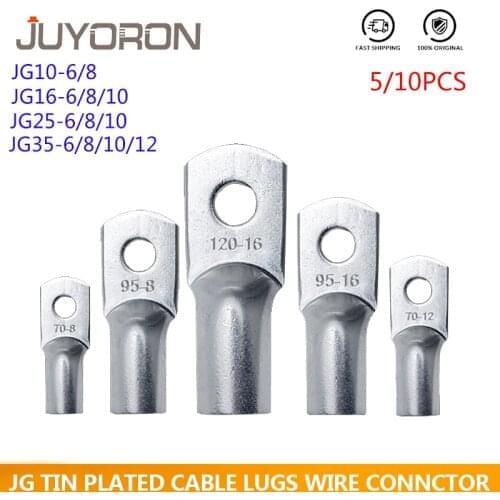 5/10pcs JG10-6/8 JG25/6/8/10 Terminal Cable Lug M8 M12 10mm2 16mm2 25mm2 Bolt Hole Tinned Copper Cable lugs Battery Terminals