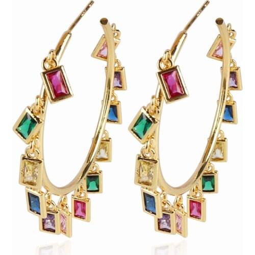 Big Round Colorful Hoop Earrings For Women multi color Stone Shiny Large Punk Rainbow Circle Earring Gold Color Fashion Jewelry