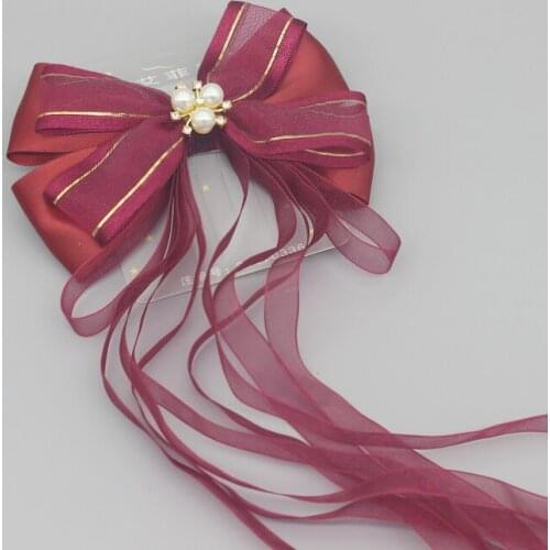 Children Pearl Wine Red Stripe Girls Hair Clips