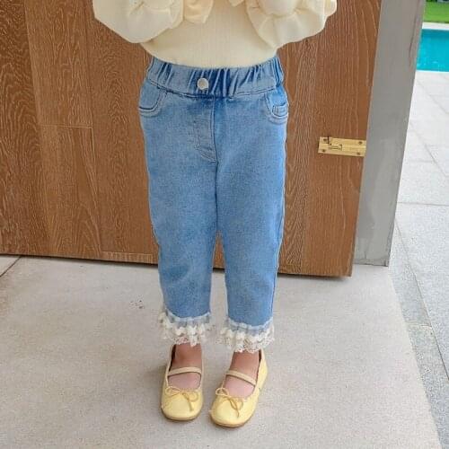 Pudcoco Little Girls Dark Blue Jeans Elastic Waist Lace Hem Denim Pants for Spring Autumn Casual Cozy Cute Sweet Pants 3-8 Years