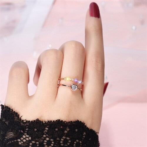 FFLACELL Fashion Simple Double Inlaid Love-Heart Zircon Open Adjustable Ring Female Personality Trend Party Jewelry For Women