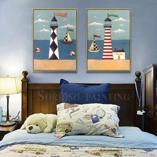 American Style Cartoon Beachfront Lighthouse Canvas Painting Wall Art Bedroom Prints Pictures For Childrens Room Home Decor