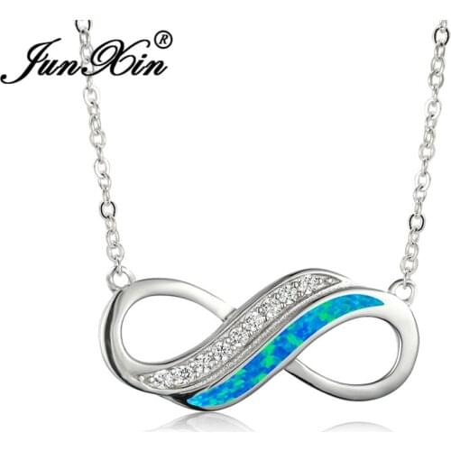 White Gold Filled Necklace Blue Fire Opal Love Infinity Pendant Letters Necklaces For Women Wedding Choker Zircon Jewelry Gift