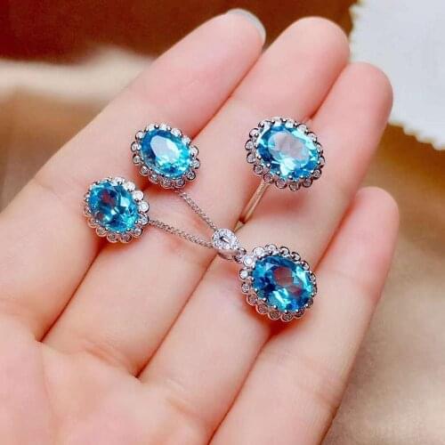 Real Natural Topaz jewelry set Natural Real Topaz 925 sterling silver 1pc pendant,1pc ring,2pcs Earring