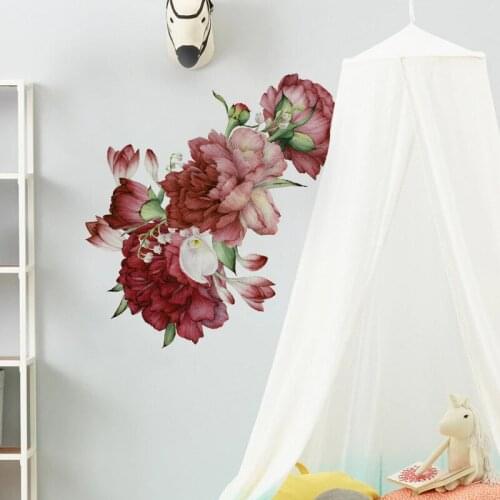 Red Peony Wall Stickers Flowers Living Room Backdrop Wall Decoration Aesthetic Art Mural Bedroom Decals for Furniture Wallpaper