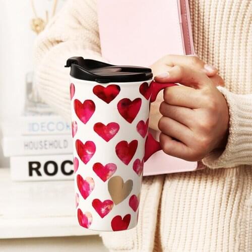 Large Capacity Cute Mug Nordic Creative Heart Ceramic Mug for Couple with Lid Taza Cafe Ceramica Office Coffee Milk Mug MM60MKB