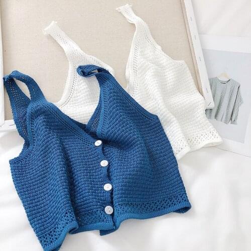 LY VAREY LIN 2020 New Summer Japanese Style Casual V-neck Single Breasted Sleeveless Knitted Crop Tops Women Strap Tank Tops