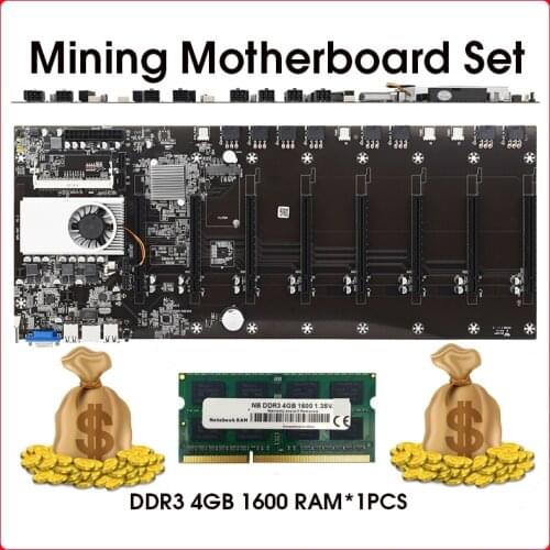 BTC-37 Miner Motherboard CPU Set 8 Video Card Slot DDR3 Memory Integrated VGA Interface Low Power Consumption with 4GB RAM *1