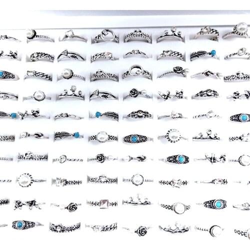 MixMax 100PCs Womens Bohemian Style Rings Antique Silver Plated Vintage Ladies Finger Joint Band Wholesale Mix Lot