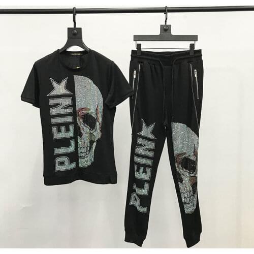 Hip-hop Style Mens Suit,Hot Diamond Skull Pattern Mens Clothing ,T-shirt Trousers Two-piece Suit ,men Sets Tracksuit Clothes