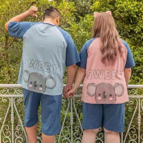 Couple pajamas summer cotton cartoon short-sleeved shorts plus size Korean pajamas fat mm men and women home service 100 kg suit