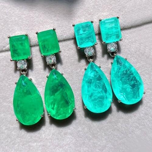 QTT Luxury Water Drop Emerald Paraiba Tourmaline Gemstone Hanging Earrings 925 Sterling Silver Earrings Womens Wedding Jewelry
