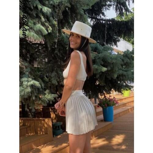 Khaki Sexy Backless Halter Crop Top and Skirts Pleated Matching Set Club Fashion Outfits Knitting Womens Holiday Set Fashion